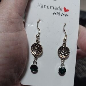 Vintage-Inspired Silver tone and Green Dangle Earrings